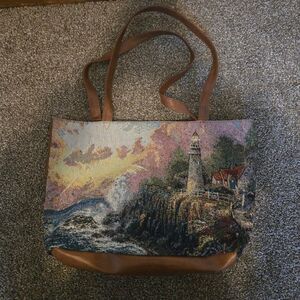 Vintage Thomas Kinkade Embroidered Tapestry Lighthouse Sunset Tote Shoulder Bag